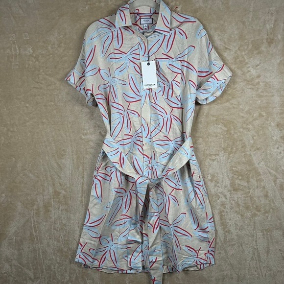 UNTUCKit Dresses & Skirts - UNTUCKit Betty Linen Blend Shirt Dress XS Tan Blue Red Tropical Leaf Mini 42374